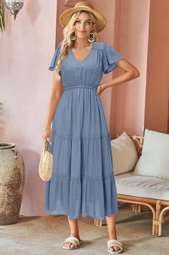 Image of VOTEPRETTY Women's 2026 Summer Boho Maxi Dresses Flutter Short Sleeve V Neck Casual Beach Wedding Guest Vacation Long Dress