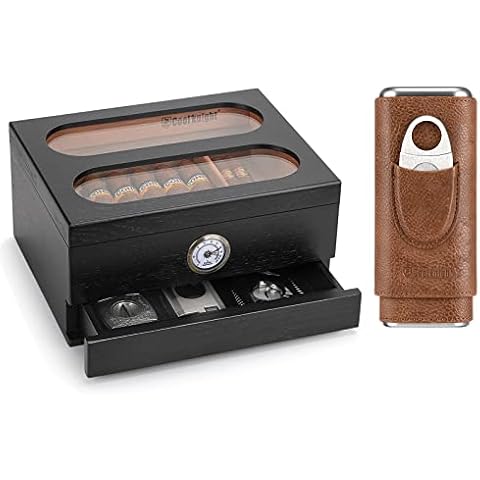 COOL KNIGHT Cigar Humidor and Cigar Case, Desktop Humidor That can Hold 20-35 Cigars, Cigar Travel Case with Stainless Steel Cigar Cutter- Cigar Gift Box for Cigar Lovers Cover