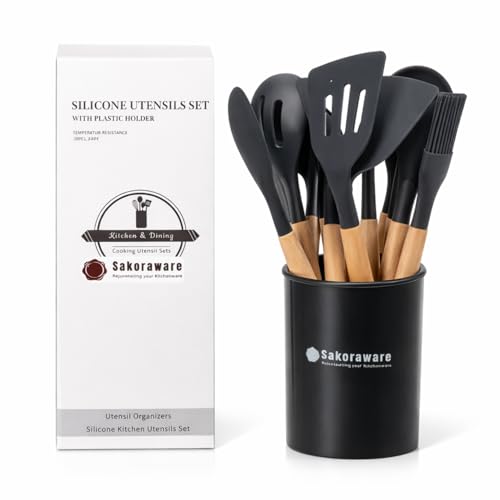 Image of Sakoraware Silicone Kitchen Utensils Spoon Spatula Cooking 12 Pcs Set | Baking Set | Non-Stick with Wooden Handle- BPA Free, Heat Resistant Item Flexible Non Toxic Silicon Cookware Tools with Holder