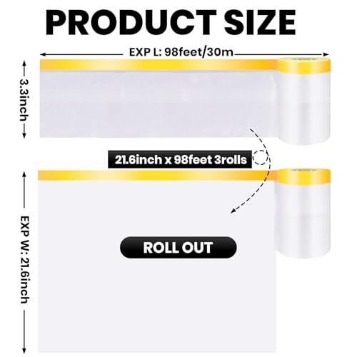 Image of ADHES Pre Taped Masking Film with Adhesive Edge, 22 inch x 98 feet, 3 Rolls No Residue Masking Tape for Painting, Automotive, and DIY Projects Tape and Drape for Floor Furniture Protection