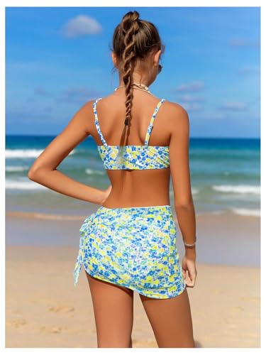 Image of OYOANGLE Girl's 3 Piece Bikini Sets Floral Print Spaghetti Straps Cute Swimsuits with Beach Skirt Bathing Suits