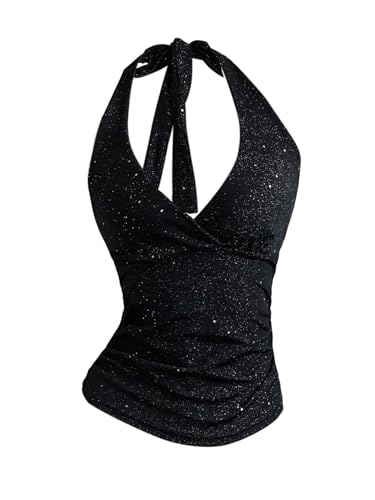 GORGLITTER Damen Top Neckholder Tops Glitzernder Croptop Rückenfreies...