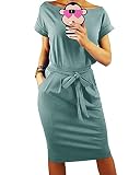 Picture of PRETTYGARDEN Women's Summer Short Sleeve Crewneck Striped Dress Basic Solid Tie Waist Office T Shirt Dresses Pockets(Grey Green,Medium)