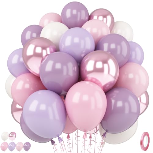 Image of Pink and Purple Balloons, 12 Inch Pastel Light Pink Lavender White Balloons with Lilac Beige Metaliic Balloon for Fairy Princess Butterfly Birthday Bridal Shower Baby Shower Wedding Party Decoration