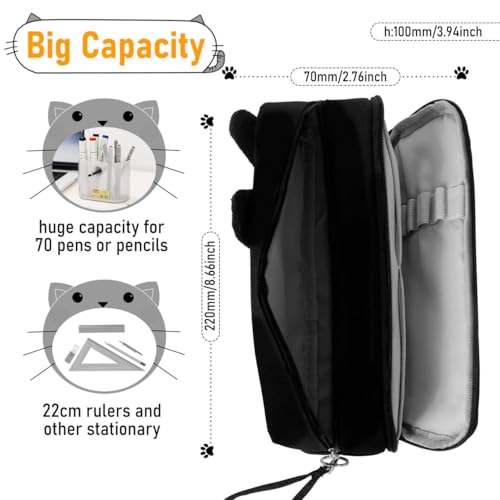 Image of Cat Pencil Case,Kawaii Large Capacity Protable Pencil Pouch Stationery Pen Bag with 5pcs cat bookmarks paper clips Big Storage Organizer for School Office Supplies (Black)