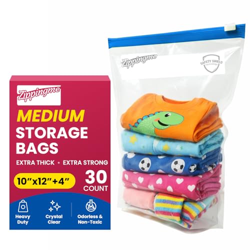 Image of Reusable Transparent Storage Bags with Slider Zip Lock | 15 Large Size (12 inchx14.5 inch with 5 inch Bottom) | Ziplock Pouch or Bag for Clothes, Shoes, Saree & Travel Packing | Zipper Pouch (Medium (30))