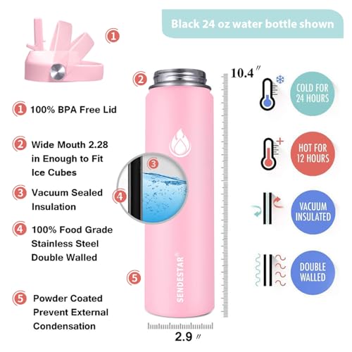 Image of SENDESTAR Stainless Steel Wide Mouth Water Bottle 24oz Double Wall Vacuum Insulated Leak Proof Bottle with New Flex Straw Lid & Spout Lid