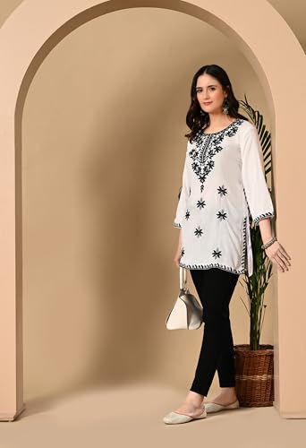 Image of LIBOZA Women's Chikankari Embroidered Short Kurti, Rayon Fabric, Three-Quarter Sleeves, Available in Pink, Black, Mustard Yellow, White, Pista and Green