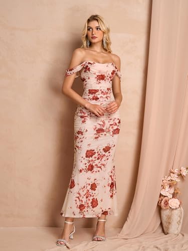 Image of KUTUMAI Off The Shoulder Maxi Long Dress Corset Ruched Bodycon Cocktail Formal Wedding Guest Dresses for Women