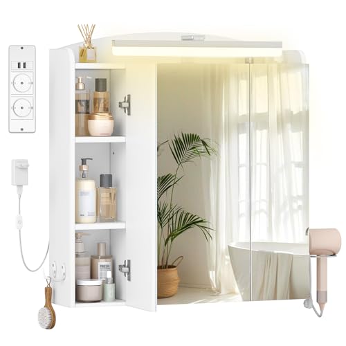 Hzuaneri Armario de Baño, con Espejo y Luz LED, 2 Enchufes CA + 2 USB, Mueble Espejo de Pared con Interruptor y Enchufe, Soporte para Secador de Pelo, Ganchos, Estantes Ajustables, Blanco MC00603XEU