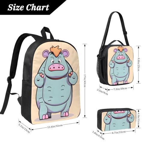 Sac à dos d'école imprimé hippopotames avec boîte à déjeuner lunch box trousse - 4