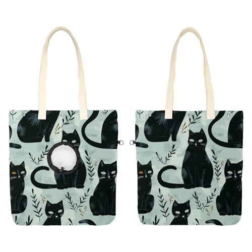Pet Canvas Shoulder Bag Soft-Sided,Dog Purse Carrier for Small Dogs and Cats, Portable Pet Handbag with Adjustable Hole, Pet Washable Travel Tote Bag,Black Plant Cat 19.3''x16.5''