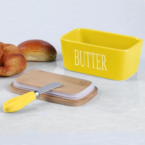 Image of Ceramic Butter Dish with Wooden Lid and Stainless Steel Knife, Large Butter Container Keeper with Bamboo Cover and Silicone Sealing Ring for West and East Coast Butter (Yellow)