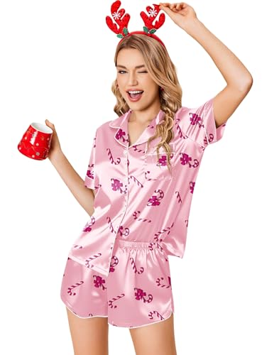Ekouaer Womens Silk Satin Pajamas Set Short Sleeve Sleepwear Button Down Loungewear 2 Piece Pjs Shorts Set Christmas Pink Candy Cane Medium