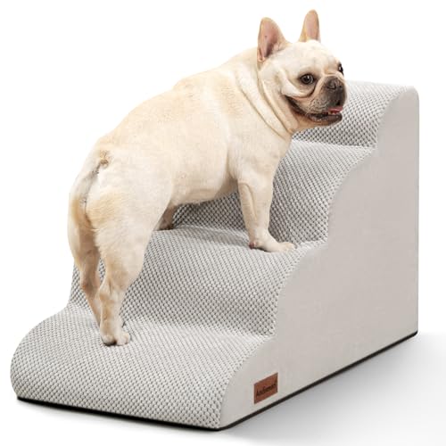 Image of Aodisman Dog Steps for Bed or Couch,4 Step Pet Stairs for Small Dogs & Cat | Curved dog ramp help small dogs,senior cats and puppies get on and off couches and beds,non-slip bottom,17.4 inch H,Light Grey