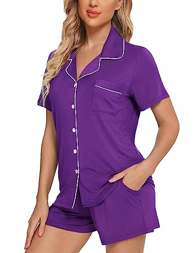 Image of Pjmlifecoco Women's Modal Pajama Set Short Sleeve Button Down Two Piece Soft Sleepwear with Shorts Loungewear S-XXL