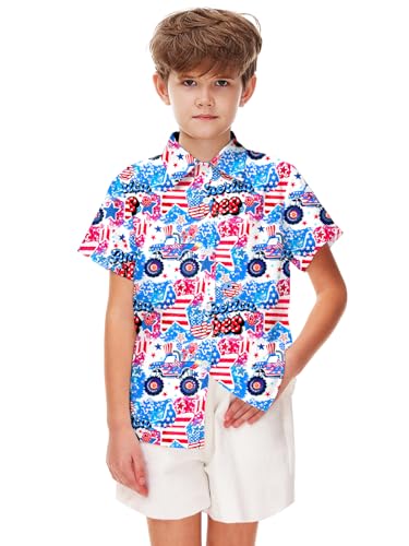 Image of Remimi Unisex Kids 4th of July Button Up Shirt Boys American Flag Print Hawaiian Beach Short Sleeve Tops 5-14 Years