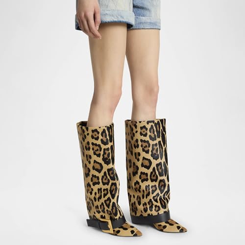 Yishaweiqi Black Fold Over Boots For Women Buckle Wide Calf Stiletto High Heel Knee High Boots Pointed Toe Shark Boots2