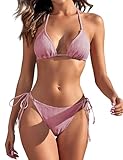 ZAFUL Women's Triangle Crochet String Bikini Sets Halter High Cut Sexy Swimsuits Two Piece Bathing Suits Pink