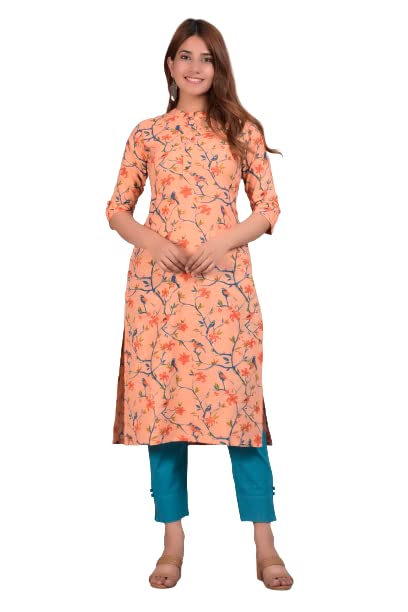 PIOUS LIBASWomen's Pure Cotton Printed Lite Orange Straight Kurti with Pant (54P154KRP)