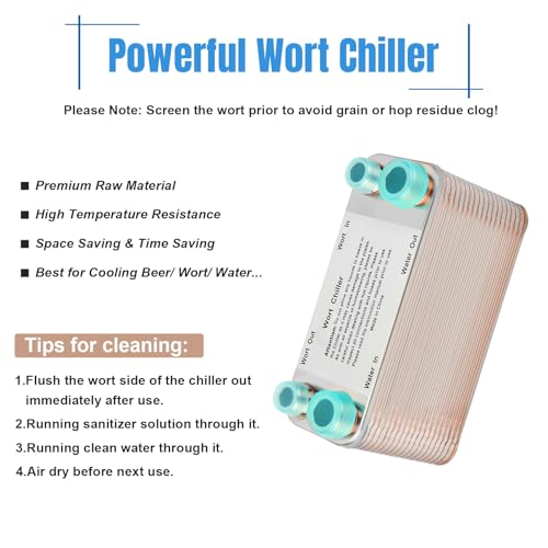 Image of Wort Chiller, 40 Plate Stainless Steel Brazed Plate Heat Exchanger, 1 /2 NPT & 3 /4 NPT Thread Plate Wort Chiller for Homebrew, Beer Brewing Chiller Wort Cooler -7.5 inch x 3.8 inch