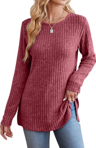 Image of Jescakoo Long Sleeve Shirts for Women Crew Neck Fall Tops Side Split Lightweight Tunic Sweaters Fashion Clothes 2025 S-4XL
