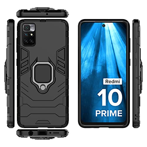 Image of Pikkme Polycarbonate Mi Redmi 10 Prime Back Cover | D5 Tough Armor Bumper | 360 Protection Case | Ring Holder Stand Case for Mi Redmi 10 Prime (Black)