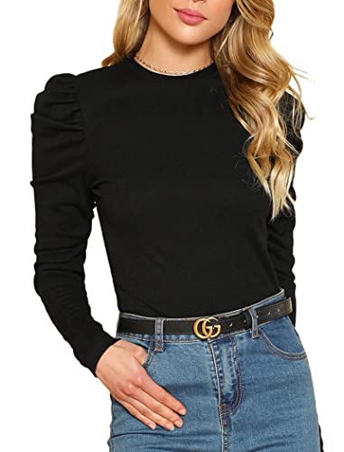 Remidoo Women's Solid Round Neck Puff Long Sleeve Slim Fit T Shirt Tops