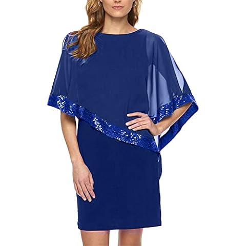 YMING Vestido hasta La Rodilla para Mujer Vestido hasta La Rodilla Vestido Sexy De Color Sólido Vestido con Manga Casquillo Azul XXL Cover