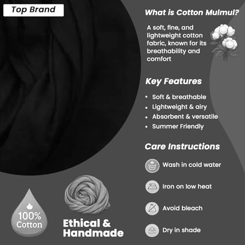 Image of Plain Mulmul Soft Cotton Fabric | Lightweight Breathable Mulmul Cloth | Super Quality Natural Cotton Fabric for Kurta, Dress, Dupatta, Lining & Craft Use (Black, 5 Meters)
