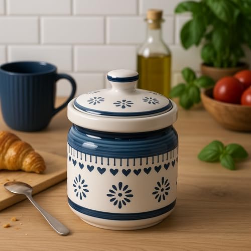 Image of Ceramic Storage Jar with Lid, Blue and White Floral Pattern, Traditional Handcrafted Kitchen Container for Pickles, Spices, Sugar, 1000 ML Capacity