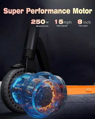 QnQ Electric Scooter 500W Peak Motor, 15.5 Miles Range & 15 MPH, 8\" Flat-Free Tires, UL Certified, Foldable Electric Scooter for Adults, Teens and Big Kids (Orange)