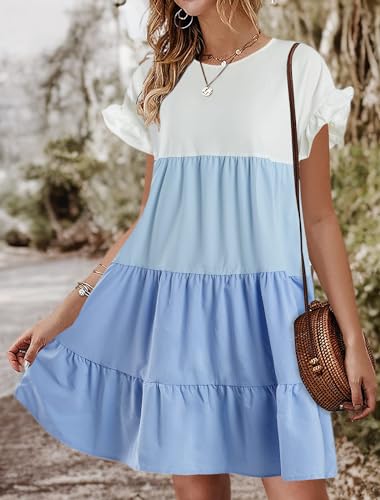 Image of Chuanqi Womens Ruffles Boho Floral Printed Babydoll Loose Swing Casual Short Mini T-Shirt Dress