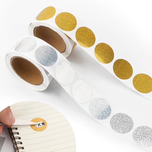 2 Rouleaux 600 Autocollants à Gratter Holographiques, Cercles 1po Or/Argent