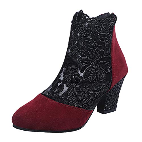 Femmes Bottines Élégantes Épissage Fleurs Dentelle Fermeture Éclair Bottes D'été à Talons Épais Soirée Parties Chaussure Maille Respirant Bottines...