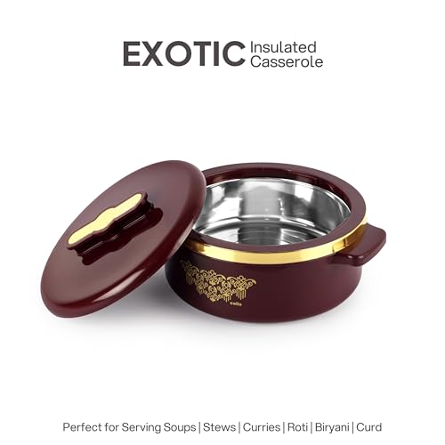 Image of CELLO Exotic 1000 Casserole Hot Pot Case for Daily Use 1000 ml, Brown | Double Wall PU Insulated Serving Hot & Warm Food Hot Pot Box | Stylish Airtight Kitchen Casserole Set for Roti Rice Biryani