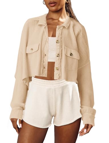 Image of Panadila Women's Cropped Waffle Knit Shacket Short Button Down Jacket Batwing Sleeve Shirts with Pocket