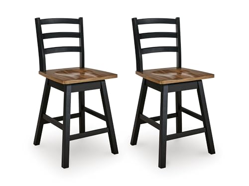 Image of Signature Design by Ashley Counter Height Swivel Bar Stools, Set of 2 | Solid wood frame, Contoured hard seat, 360-degree swivel, Two-tone farmhouse style, Kitchen island, Wildenauer Series