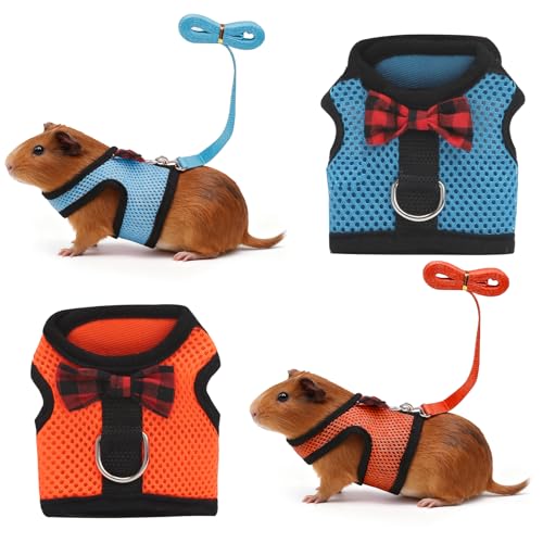 Image of Guinea Pig Harness and Leash,2packs Guinea Pig Clothes Baby Ferret Rats Hamster Soft Mesh Harness Leash for Decoration,Hamster Harness can be Adjusted to Any Size. (Blue + Orange)