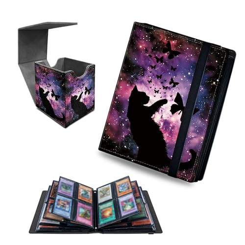 Starry Night Cat 4 Pocket Trading Cards Album + MTG Commander Deck Box, Trading Card Binder Holder with 320 Card Protector, Expandable PU Card Book Collectable Board Game Magic Card Binder