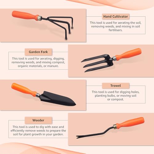 Image of Amazon Brand - Solimo 7-Piece Gardening Tool Kit | Cultivator, Fork, Trowels, Weeder, Garden Gloves, Pruner Cutter | Indoor & Outdoor Gardening Tool Kit