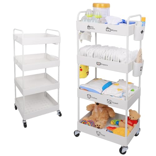 JOLEAD Organizador de Pañales para bebé de 4 Niveles, Carrito de Almacenamiento para Recién Nacidos Fabricado en Plástico Sólido y Resistente, Carrito de Utilidad Móvil Gran Capacidad, Fácil de Montar