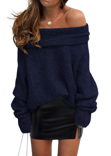 PRETTYGARDEN Women's Off The Shoulder Sweater Long Sleeve Tops 2025 Fall Loose Knit Pullover Sweaters Winter Clothes