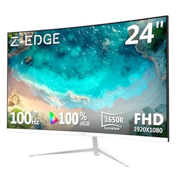 Monitor curvo Z-Edge de 24 polegadas Full HD 1920x1080 LED monitor de computador 75Hz, painel VA, bisel ultrafino, sem cintilação, ângulo de visão amplo de 178°, porta VGA HDMI, branco