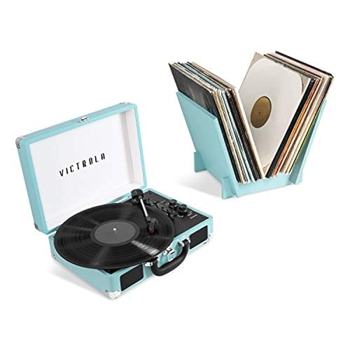 Image of Victrola Journey + Bluetooth Suitcase Record Player with Matching Bridge Stand & Built-In Speakers - 3 Speed Vinyl Record Player, RCA Out, Headphone Jack, Vinyl Stream (Turquoise)