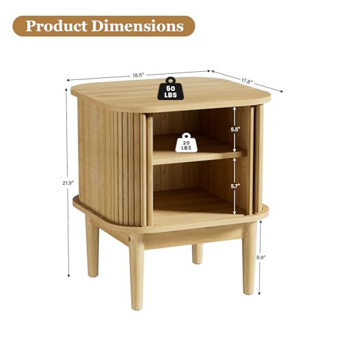 Image of Furniway Mid Century Nightstands Set of 2, Fluted Bedside Tables with Sliding Door Storage, Wooden End Tables with Solid Wood Legs for Bedroom, Natural
