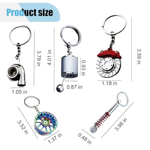 Image of JOYCOURT 5PCS Metal Car Parts Key Chain Set with Brake Rotor, Worm Wheel, Tire Rim, Spring, Manual Gear Shift Box Keychain (Style 1)