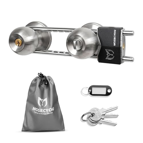 MOSECYOU French Door Lock, Double Door Security Barricade, Keyed Extra Door Lock for Doors with Double Handles/Knobs/Levers, All Metal Construction Device U-Shaped Bar Prevent Kick Ins