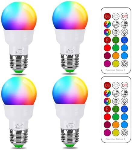 ILC RGB LED Color Changing Light Bulb, 40W Equivalent, 450LM, 2700K Warm White 5W E26 Screw Base RGBW, Flood Light Bulb- 12 Color Choices - Timing Infrared Remote Control (4 Pack)