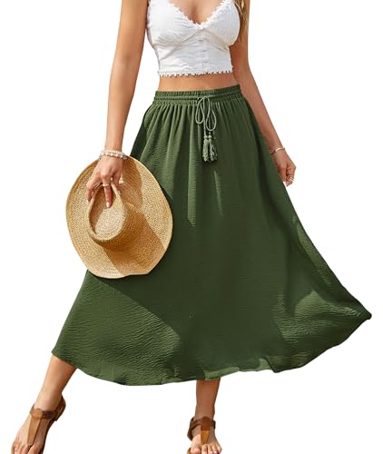 POMTIMCO Rock Damen Lang Elegant Flowy Sommer Röcke A-Linie Elastische Hohe Taille Maxirock Maxi Skirt mit Kordelzu Grün M